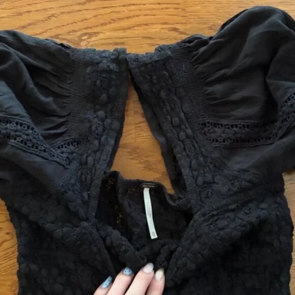 free people spring fling black blouse peasant puff sleeve sweetheart neck lace - Picture 2 of 4